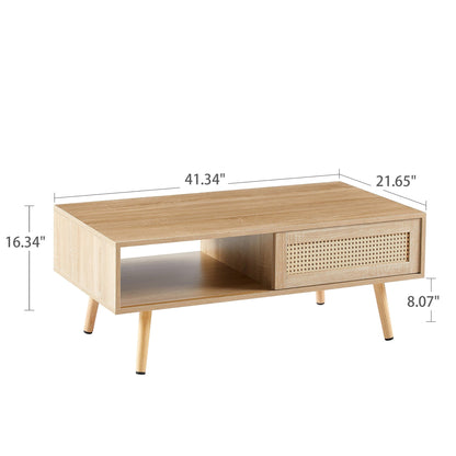 AHDECOR Rattan Wooden Coffee Table with Sliding Door Cabinet