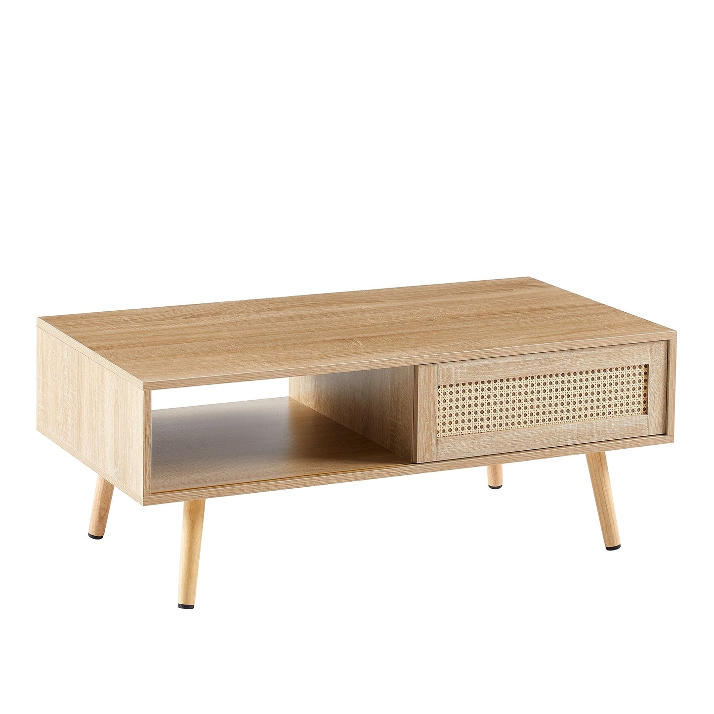 AHDECOR Rattan Wooden Coffee Table with Sliding Door Cabinet