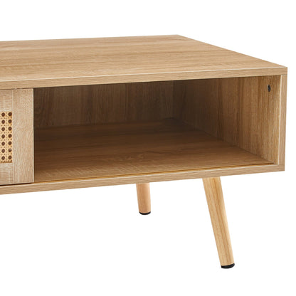 AHDECOR Rattan Wooden Coffee Table with Sliding Door Cabinet