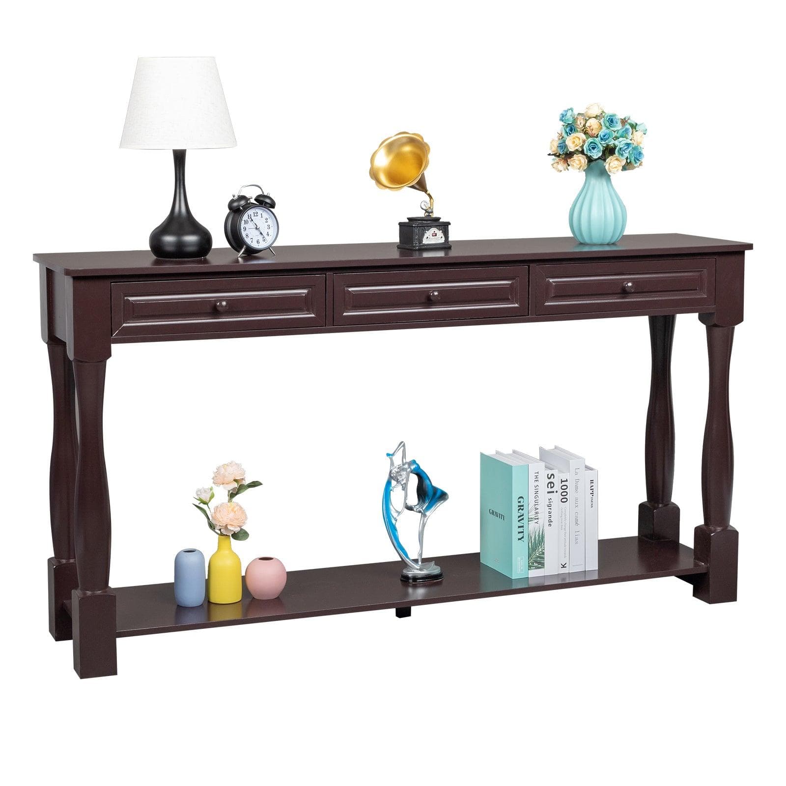 Ah-decor sofa table Console Table for Entryway Wood Sofa Table with Storage Drawers and Bottom Shelf for Hallway Living Room Brown Color