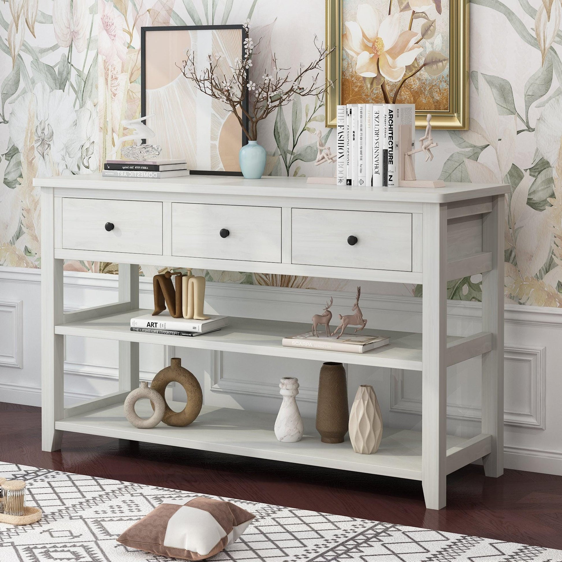 AH-DECOR Sofa Tables Console Table with Wood Frame and Legs, Sofa Table Entryway Table with 3 Drawers and 2 Open Shelves Antique White