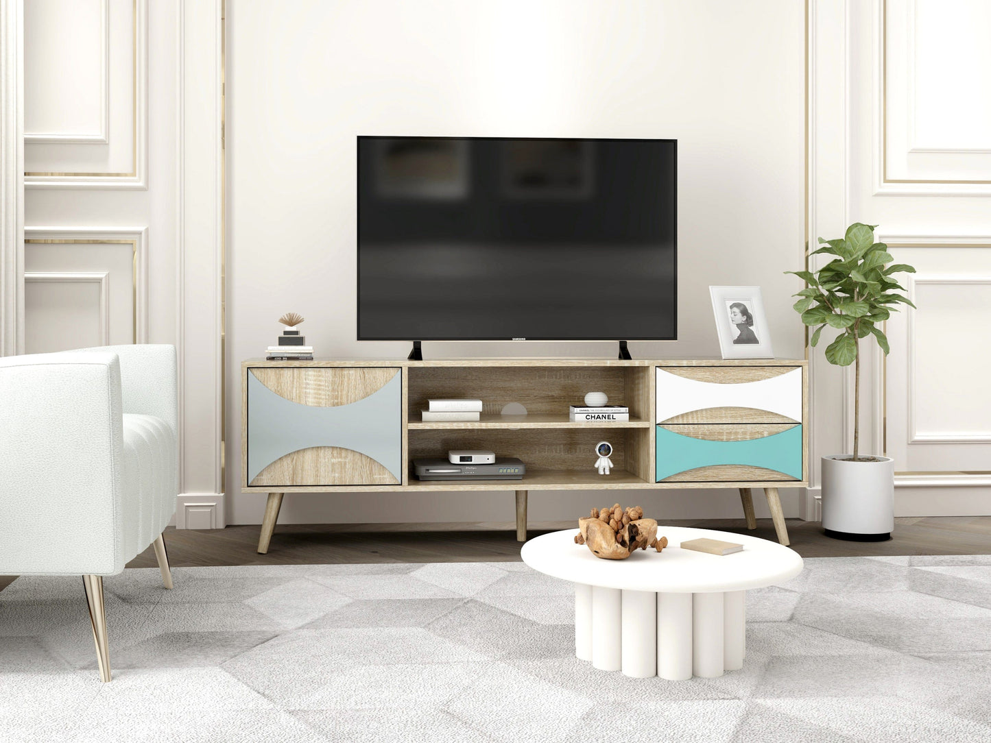 Ah-decor TV Stand Brown Oak TV Stand with Storage Cabinet and Shelves, TV Console Table for Living Room