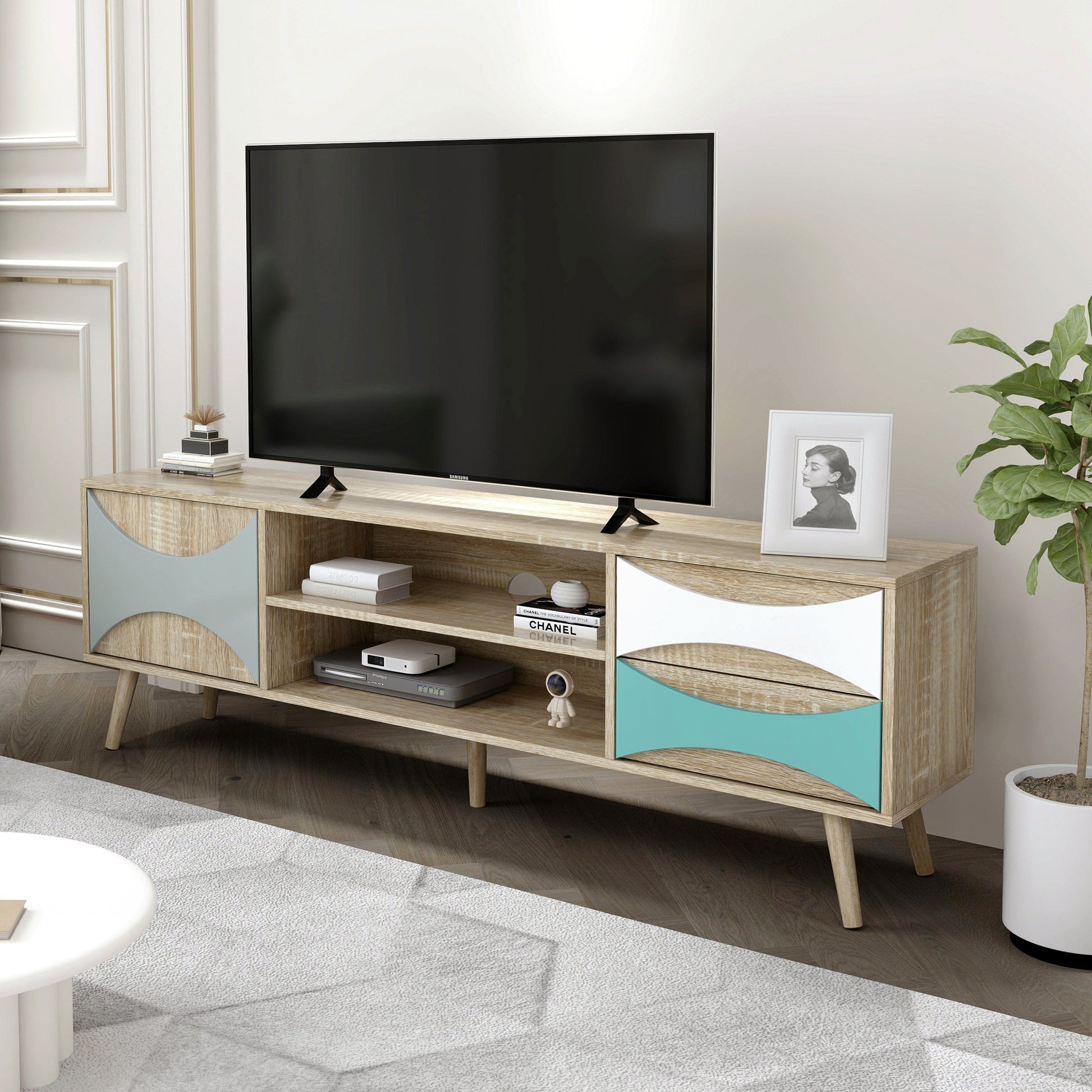 Ah-decor TV Stand Brown Oak TV Stand with Storage Cabinet and Shelves, TV Console Table for Living Room