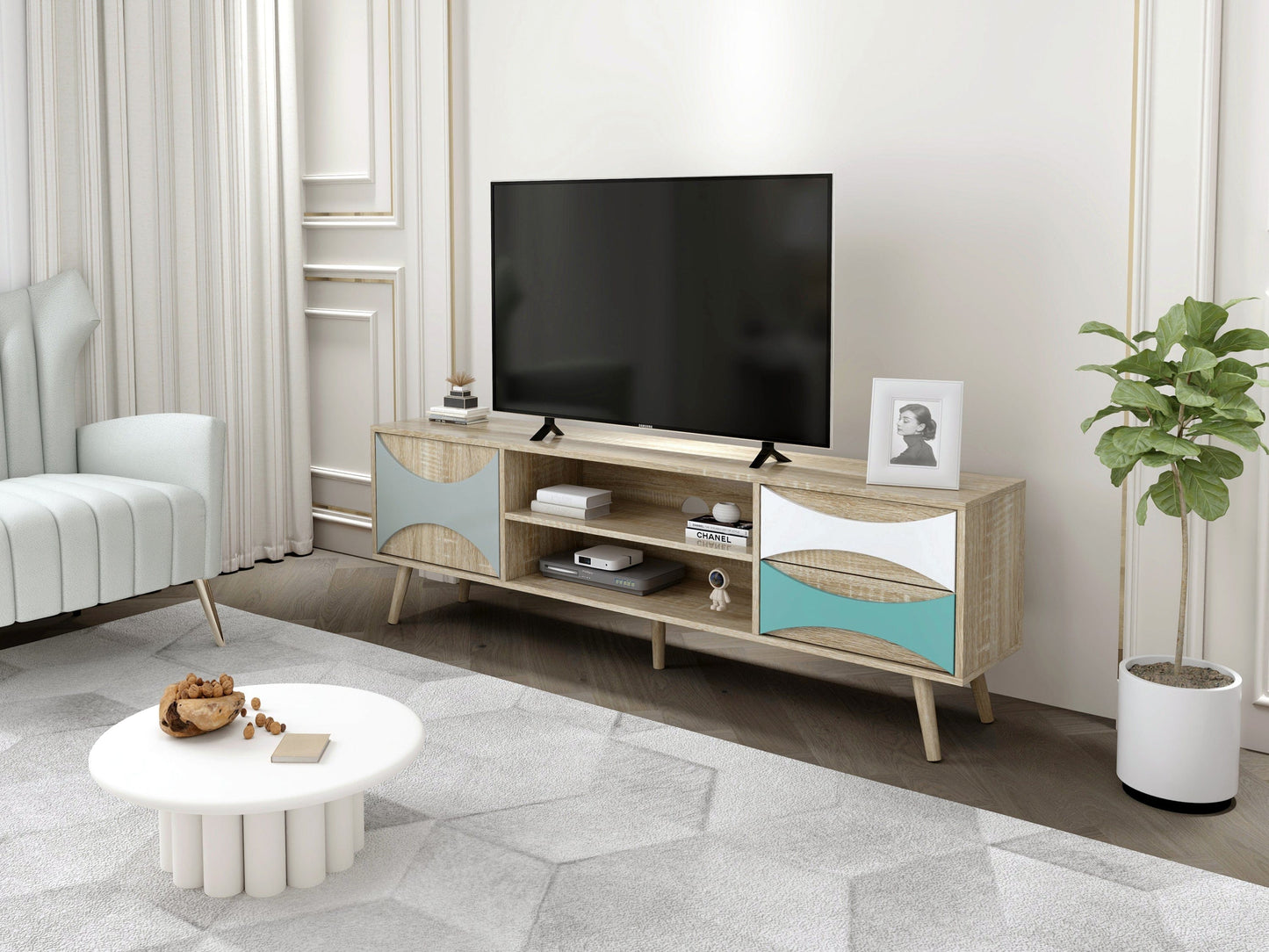 Ah-decor TV Stand Brown Oak TV Stand with Storage Cabinet and Shelves, TV Console Table for Living Room