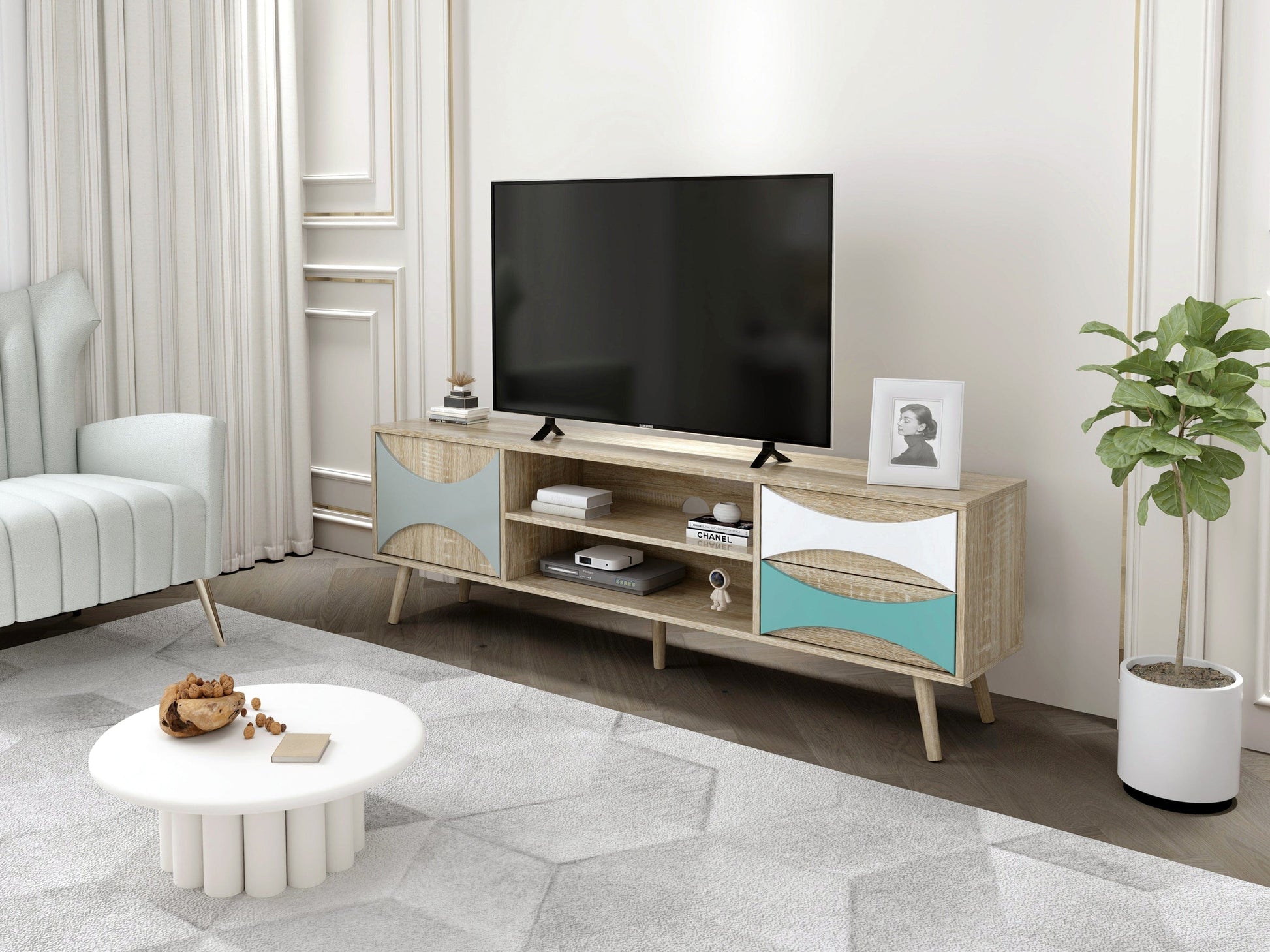 Ah-decor TV Stand Brown Oak TV Stand with Storage Cabinet and Shelves, TV Console Table for Living Room