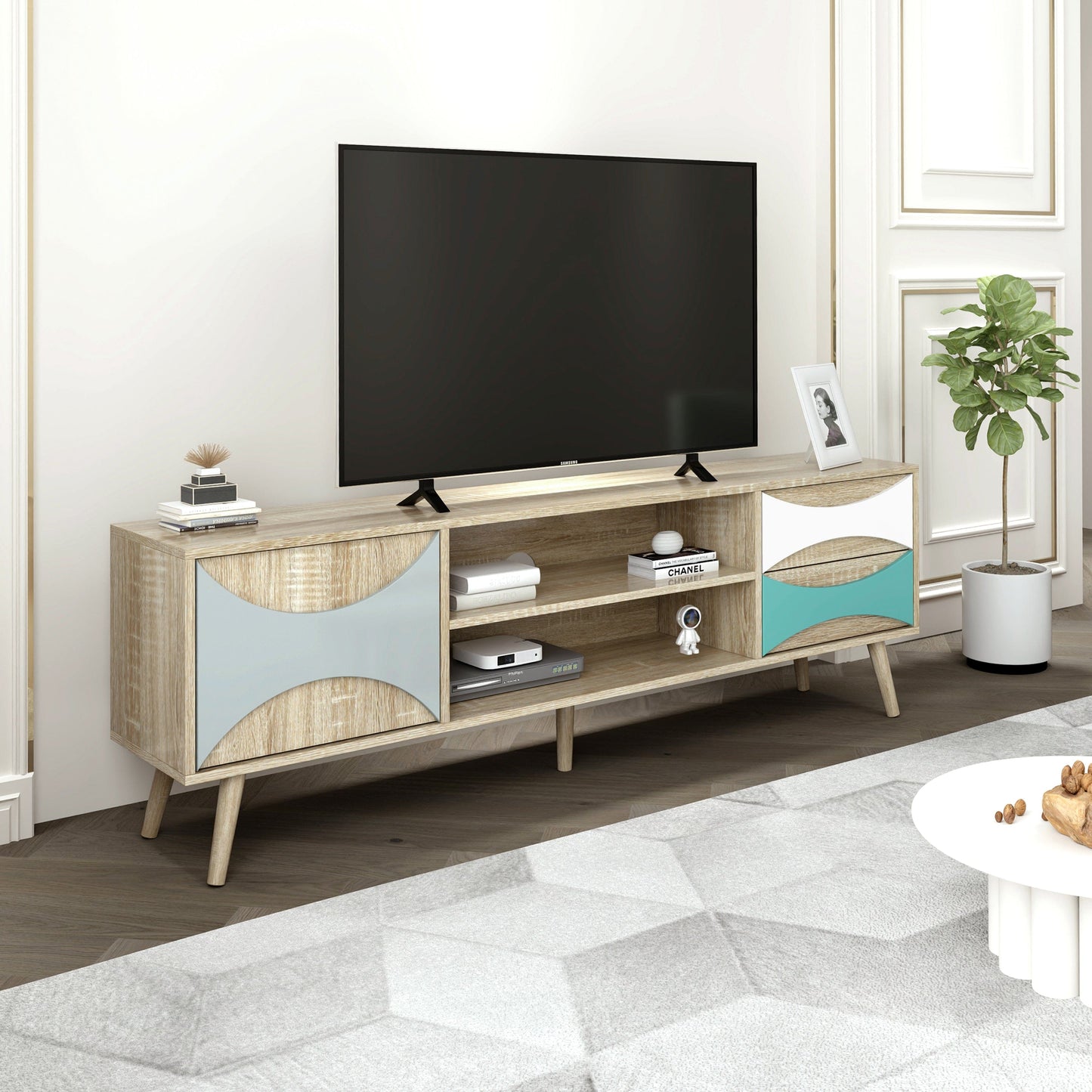 Ah-decor TV Stand Brown Oak TV Stand with Storage Cabinet and Shelves, TV Console Table for Living Room