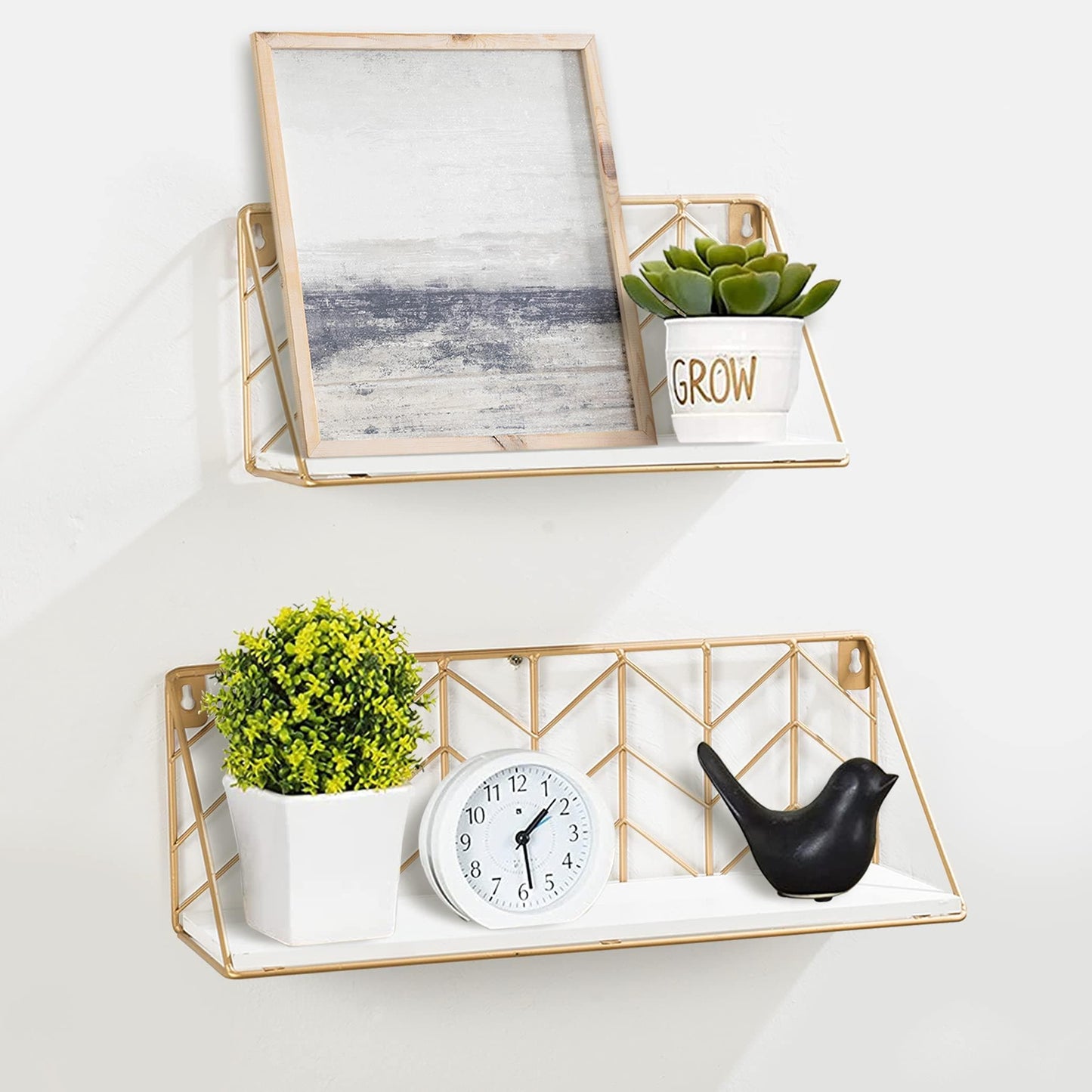 Ah-decor wall shelf 2 Pieces with multi-length / White AHDECOR Wall Mounted Metal Wire Floating Shelves, Wooden Hanging Storage Shelf, Decor Display Shelves for Dining, Kitchen Living Room, Set of 2