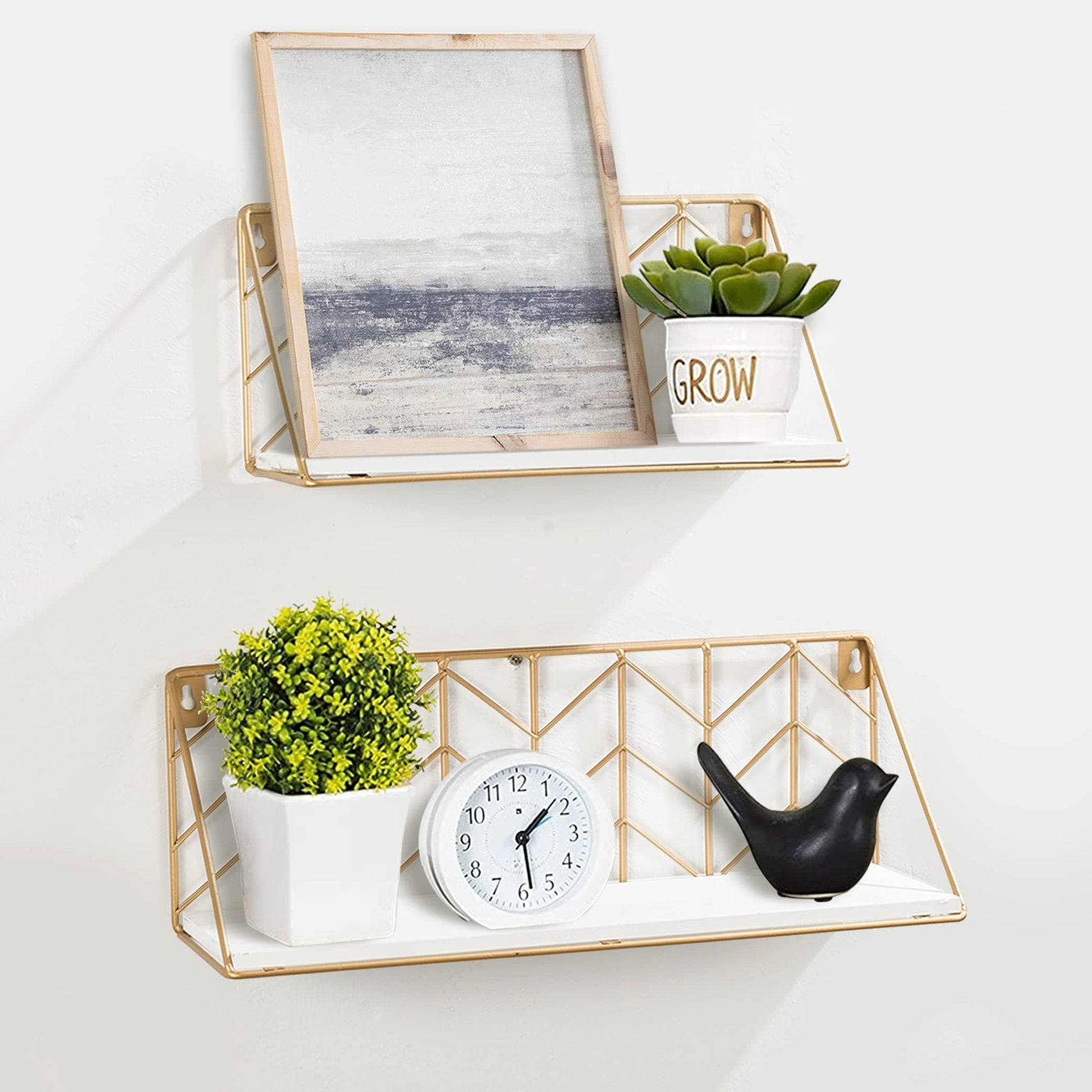 Ah-decor wall shelf 2 Pieces with multi-length / White AHDECOR Wall Mounted Metal Wire Floating Shelves, Wooden Hanging Storage Shelf, Decor Display Shelves for Dining, Kitchen Living Room, Set of 2