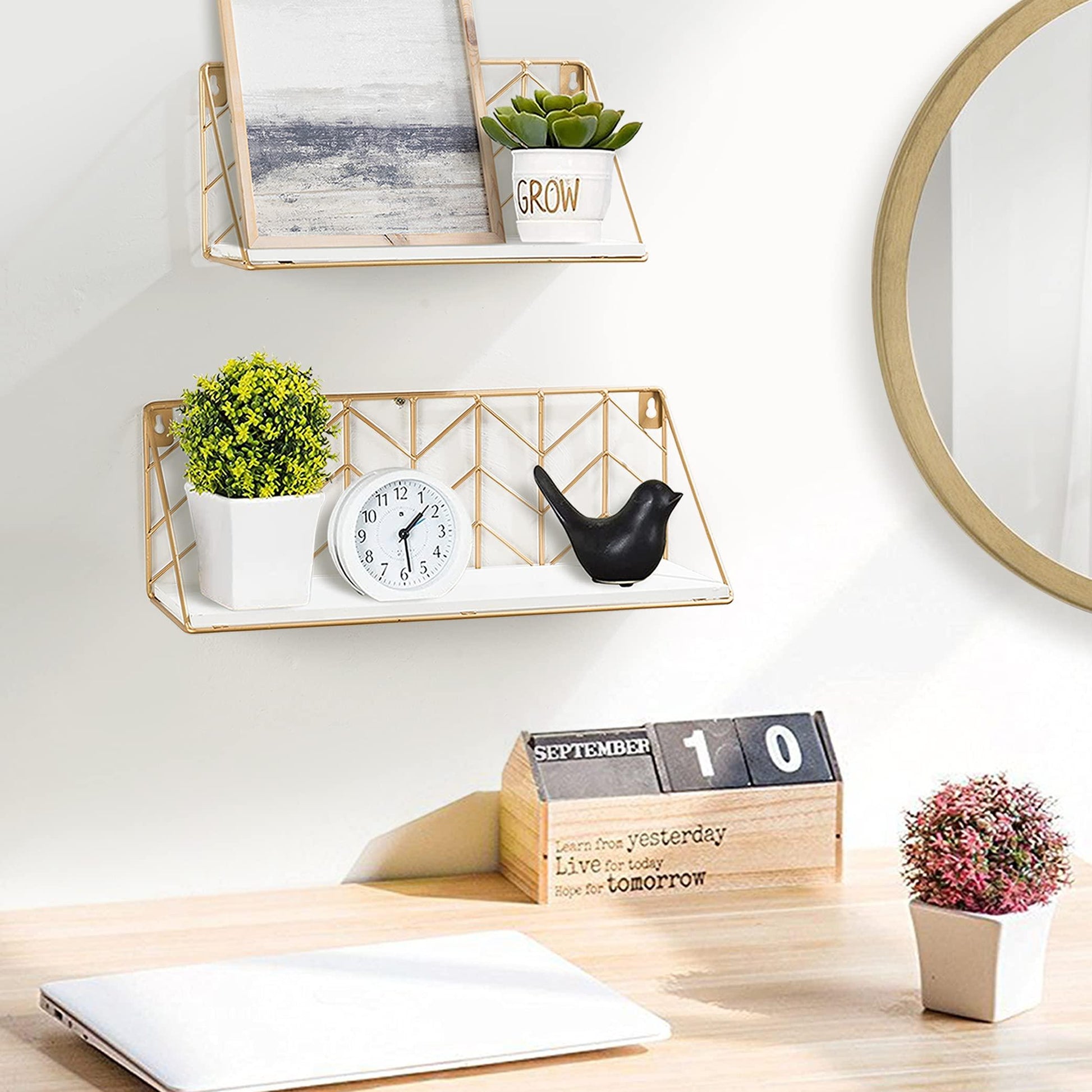 Ah-decor wall shelf 2 Pieces with multi-length / White AHDECOR Wall Mounted Metal Wire Floating Shelves, Wooden Hanging Storage Shelf, Decor Display Shelves for Dining, Kitchen Living Room, Set of 2
