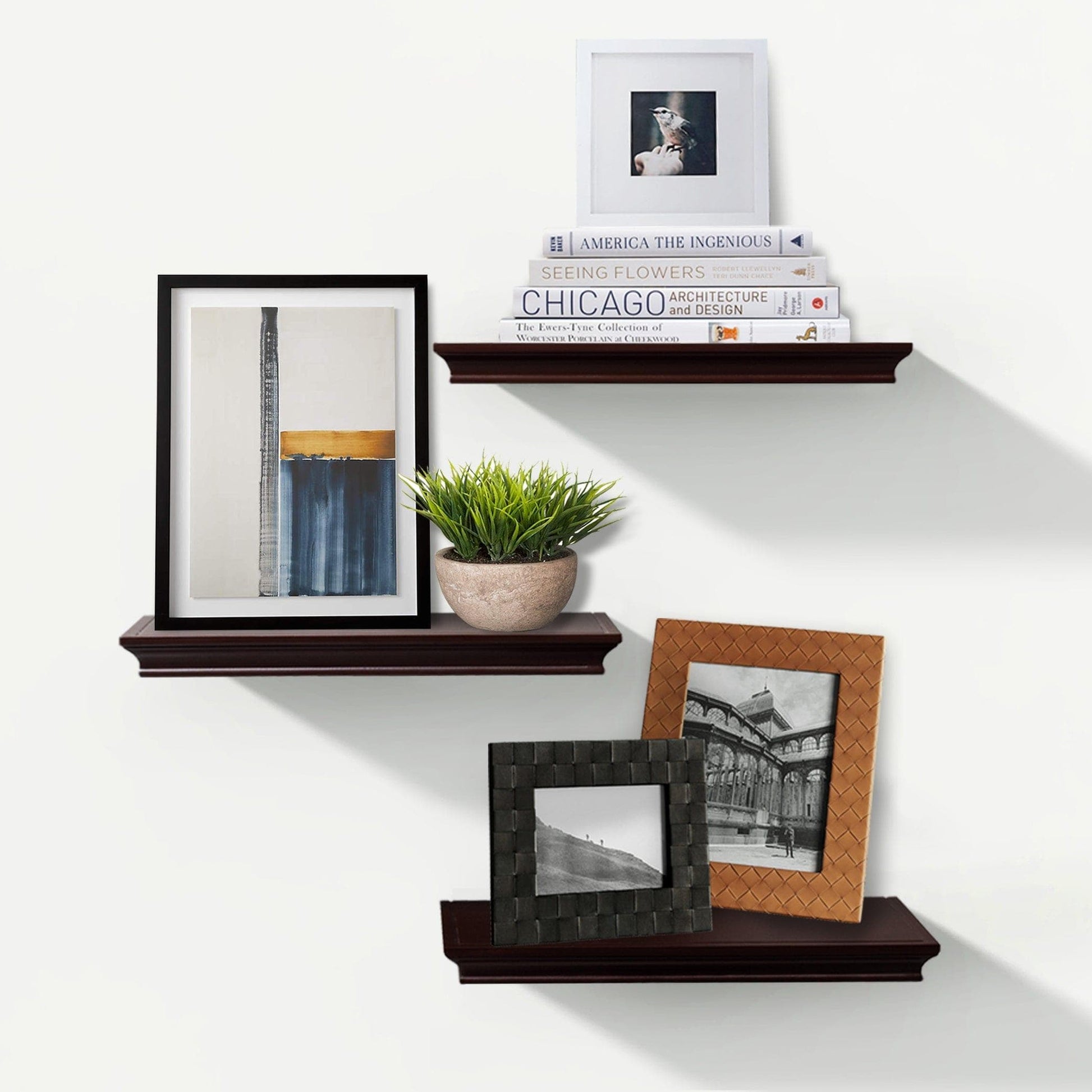 AH-DECOR wall shelf Set Of 3 Espresso Brown Floating Shelves With Invisible Brackets