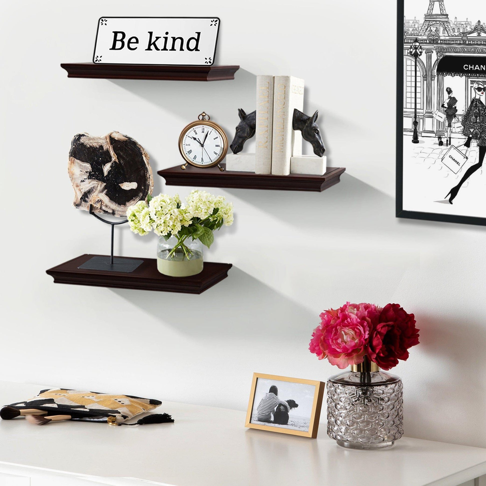 AH-DECOR wall shelf Set Of 3 Espresso Brown Floating Shelves With Invisible Brackets