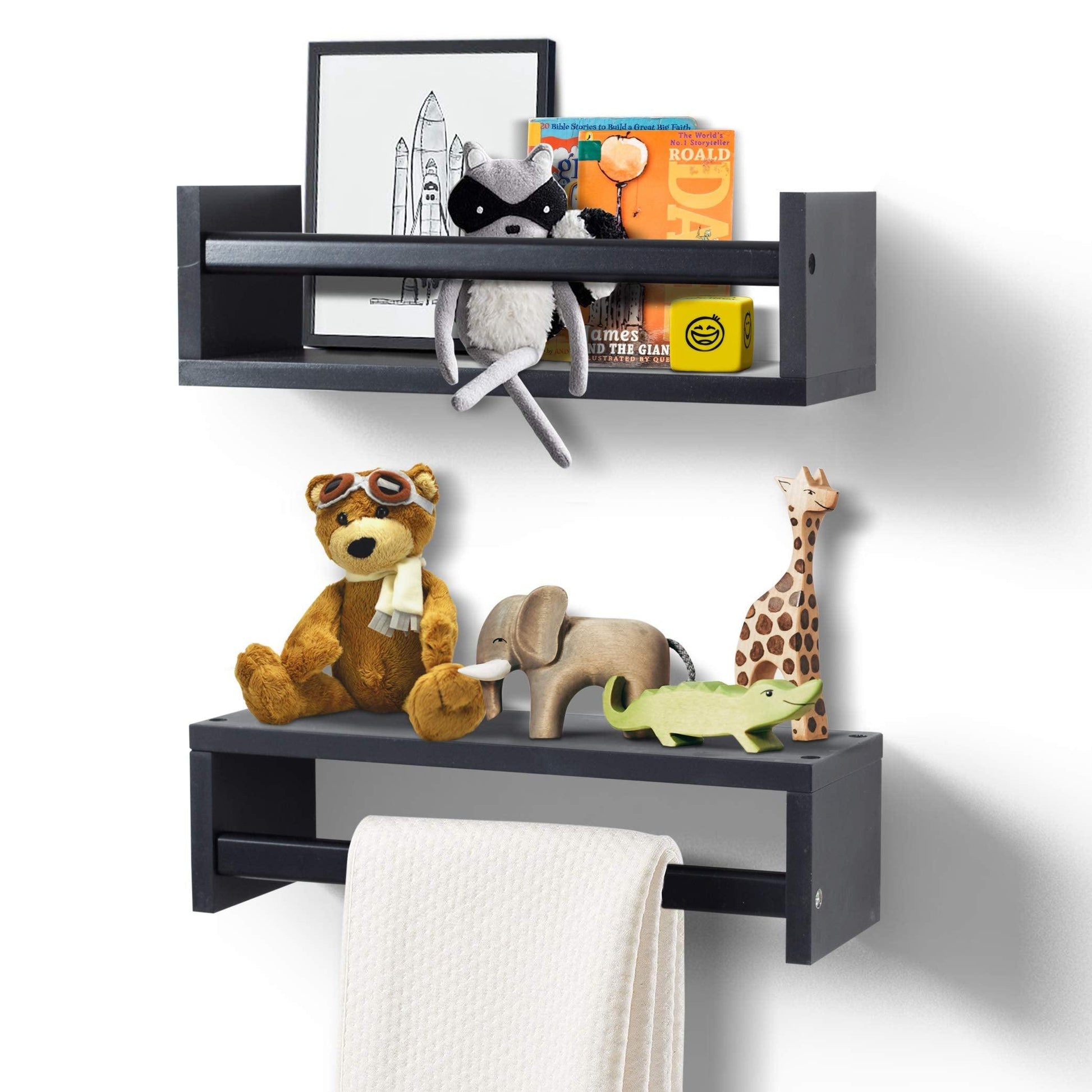 Ah-decor wall shelves Black AHDECOR Nursery Room Bookshelf Wall Mount Floating Shelves, Display Wall Shelf for Kids Romm, Kitchen Spice Rack, Bathroom Decor, Book Shelves Organizer or Baby Nursery, Set of 2, Black, 15 inch