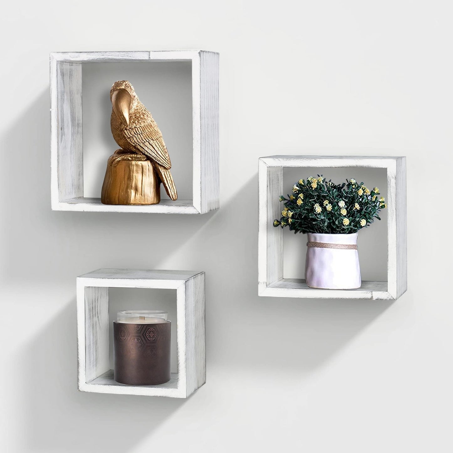 Ah-decor wall shelves Rustic Wood AHDECOR Wooden Cube Floating Shelves, Wall Mounted Solid Wood Hanging Storage Shelf, Decor Display for Dining, Kitchen Living Room, Set of 3, White Distressed