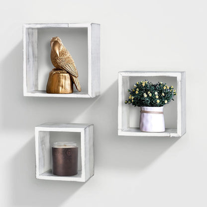 Ah-decor wall shelves Rustic Wood AHDECOR Wooden Cube Floating Shelves, Wall Mounted Solid Wood Hanging Storage Shelf, Decor Display for Dining, Kitchen Living Room, Set of 3, White Distressed
