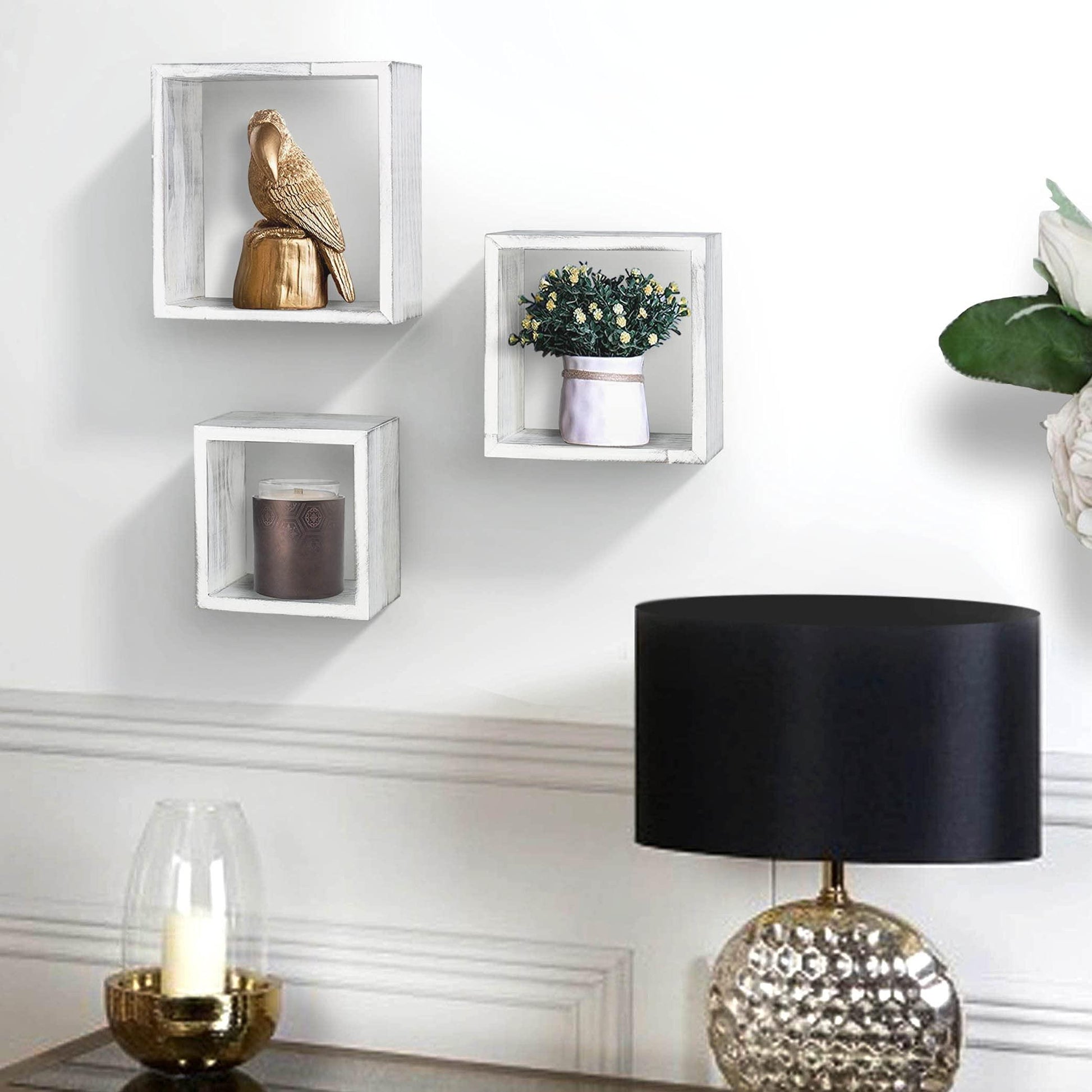 Ah-decor wall shelves Rustic Wood AHDECOR Wooden Cube Floating Shelves, Wall Mounted Solid Wood Hanging Storage Shelf, Decor Display for Dining, Kitchen Living Room, Set of 3, White Distressed