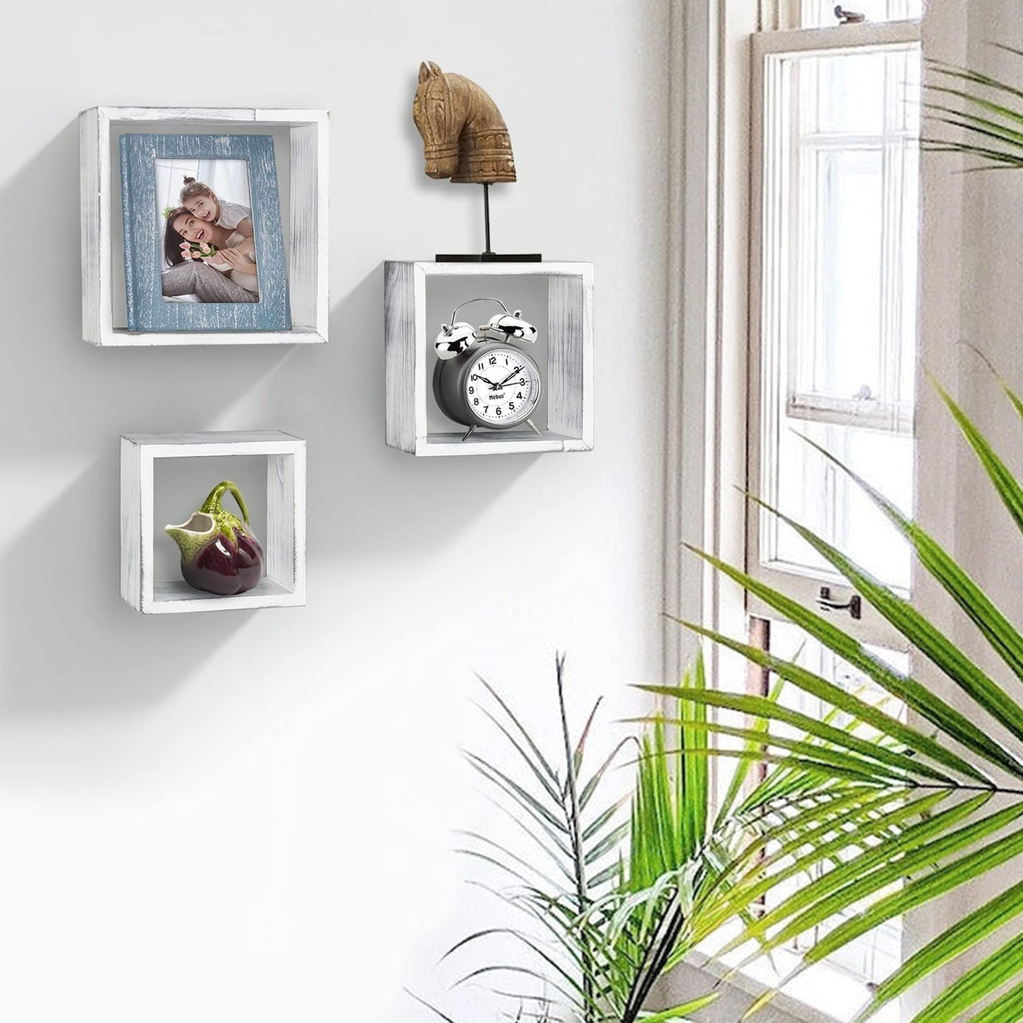 Ah-decor wall shelves Rustic Wood AHDECOR Wooden Cube Floating Shelves, Wall Mounted Solid Wood Hanging Storage Shelf, Decor Display for Dining, Kitchen Living Room, Set of 3, White Distressed